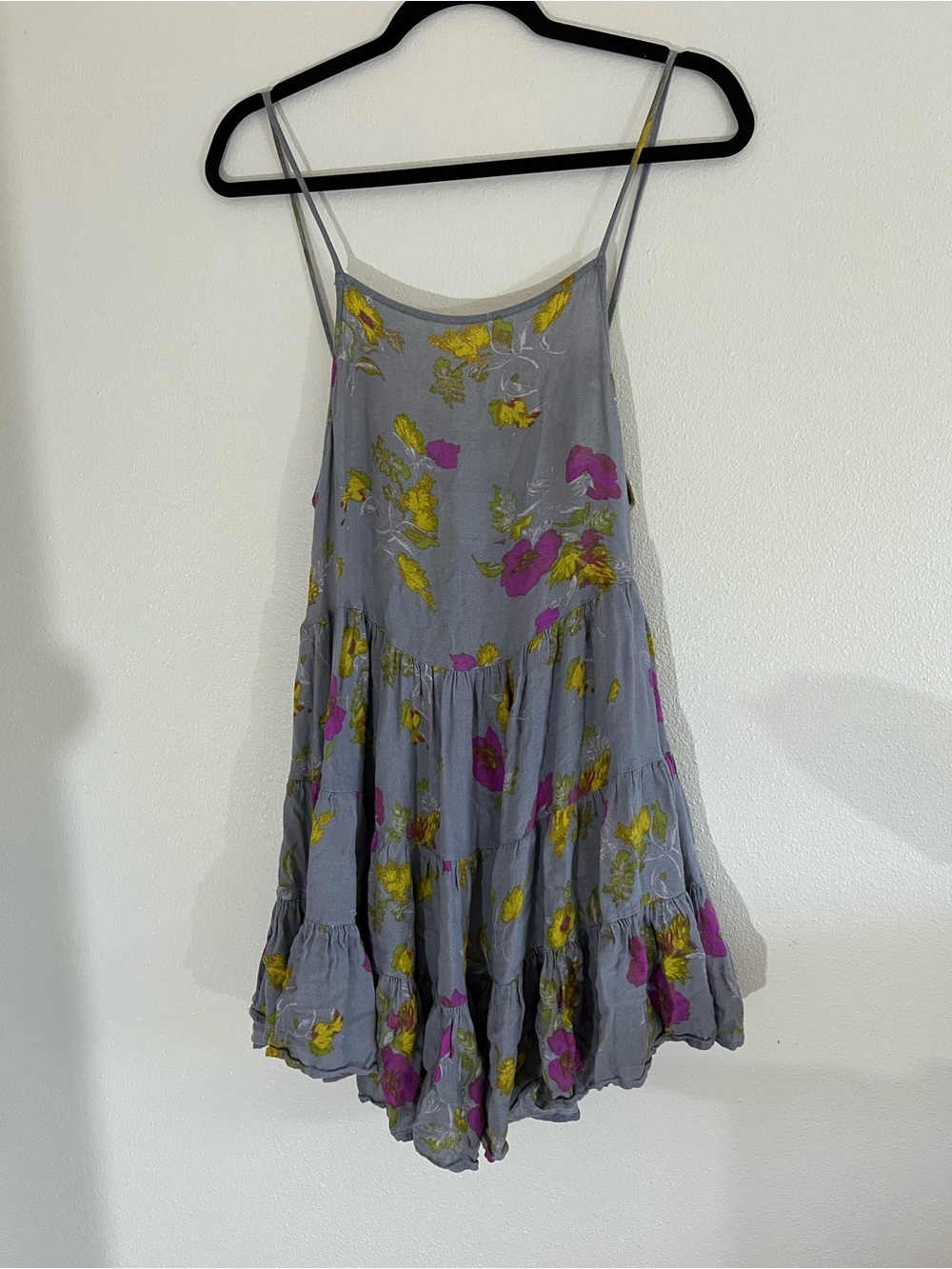Free People Gray Floral Mini Dress with Yellow and Magenta Flowers
